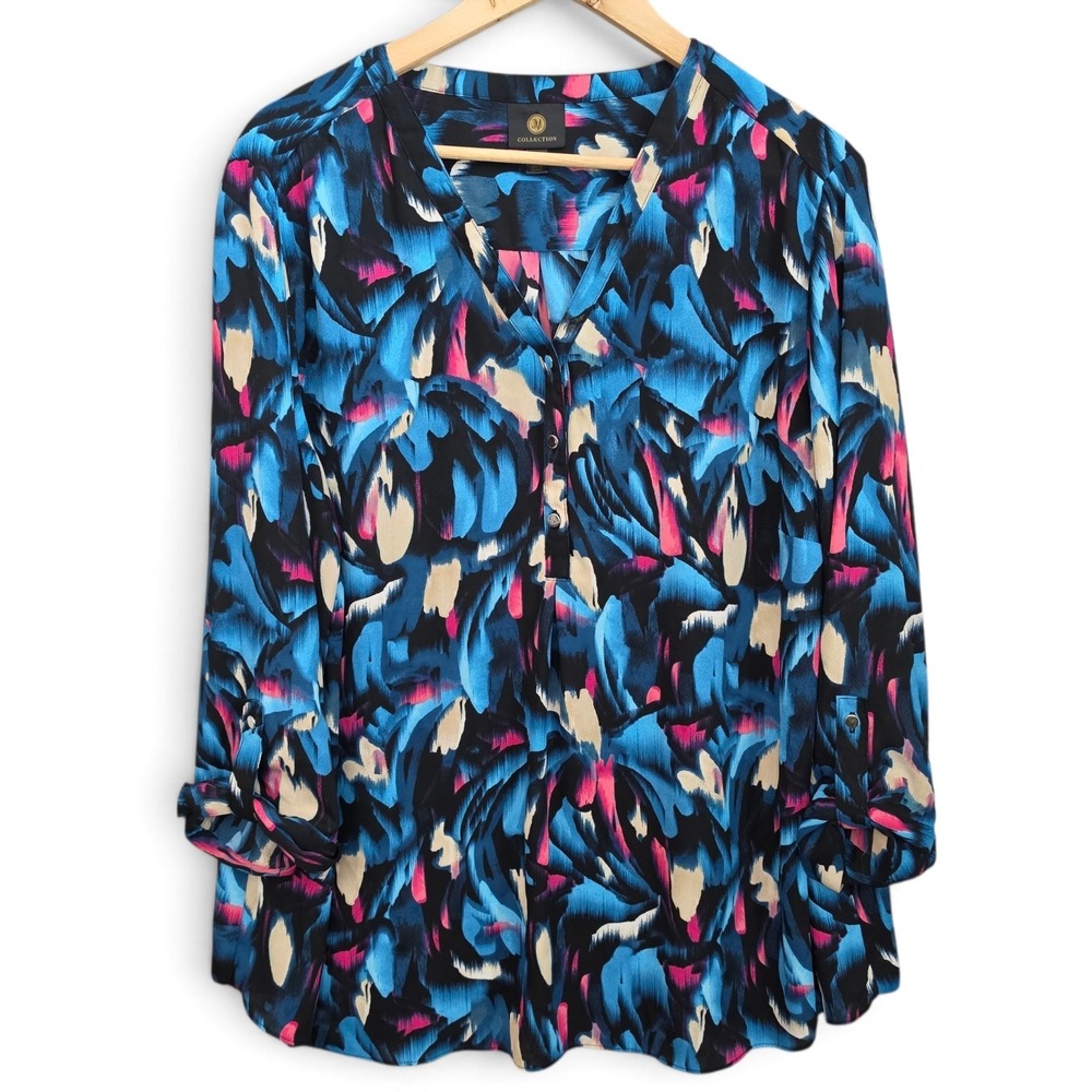 JM Collection Top Womens XXL 2XL Blue Printed Popover Blouse 3/4 Sleeve Casual